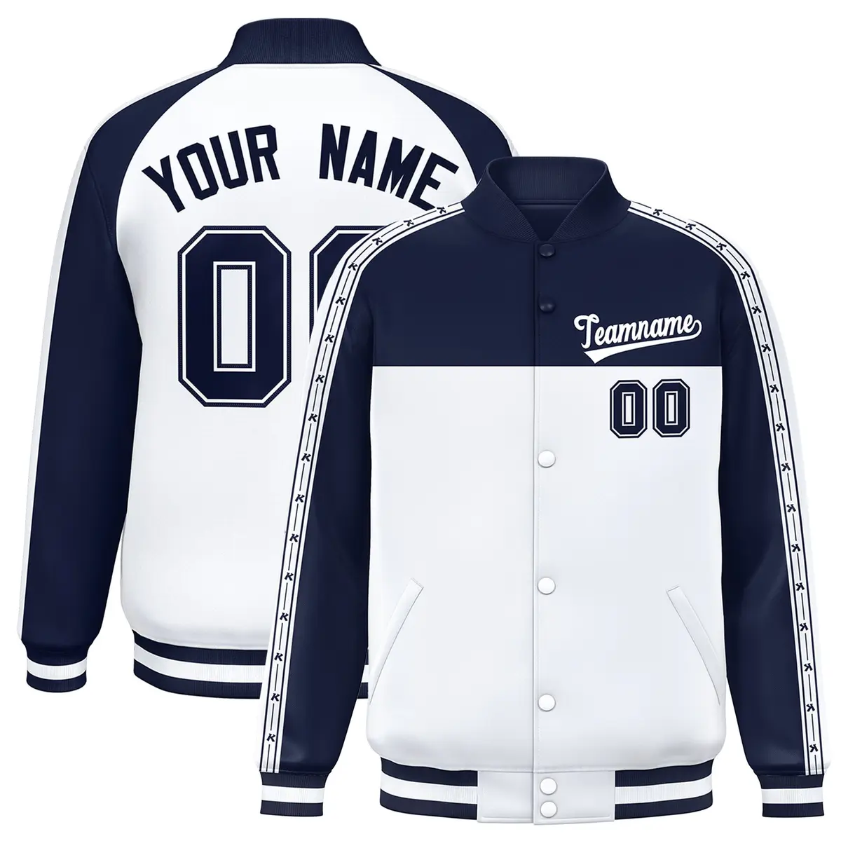 Navy White K-Ribbon Raglan Color Block Varsity Letterman Jacket