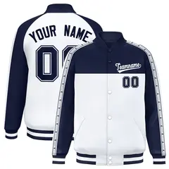 Navy White K-Ribbon Raglan Color Block Varsity Letterman Jacket 1