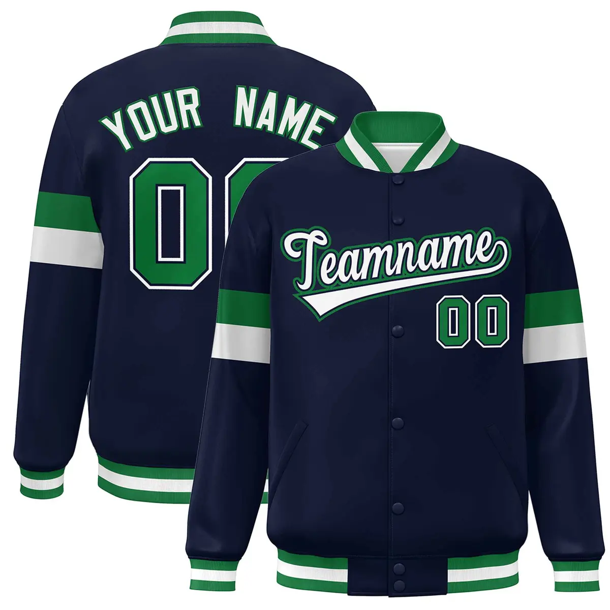 Navy White-Kelly Green Color Block Varsity Baseball Jacket