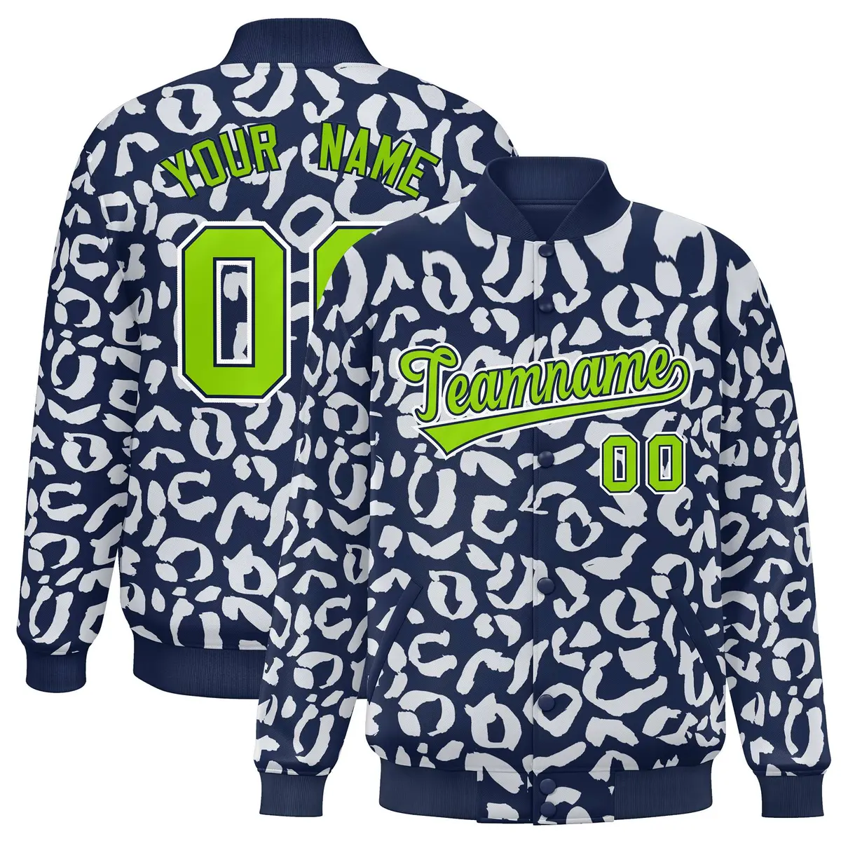 Navy White Leopard Graffiti Varsity Letterman Jacket
