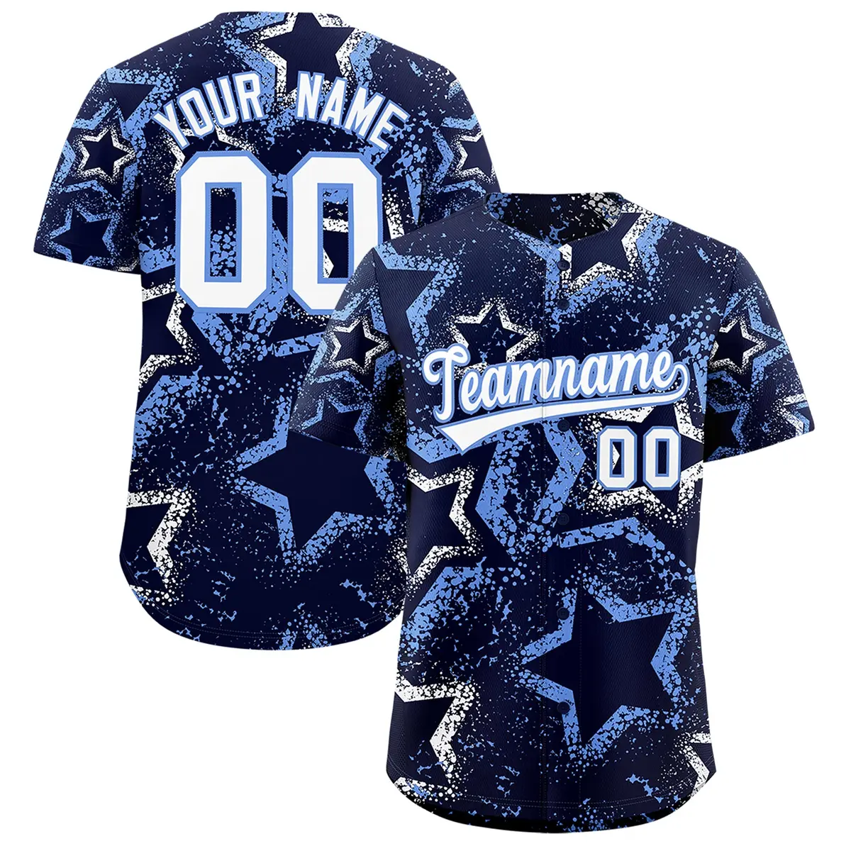 Navy White Light Blue Graffiti Star Ink Baseball Jersey