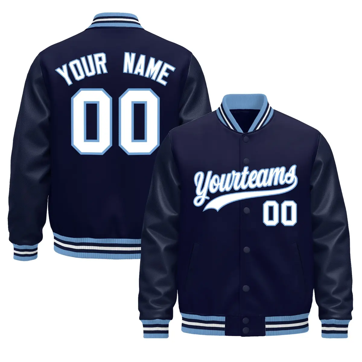 Navy White Light Blue Varsity Jacket Leather Sleeves Wrinkle-Resistant