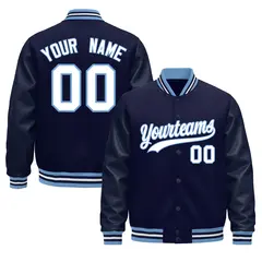 Navy White Light Blue Varsity Jacket Leather Sleeves Wrinkle-Resistant 1
