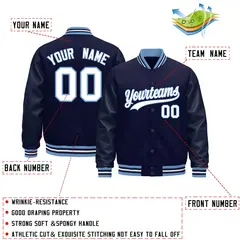 Navy White Light Blue Varsity Jacket Leather Sleeves Wrinkle-Resistant 2