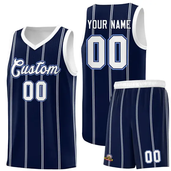 Navy White Light Blue Vertical Stripes Basketball Jersey Set