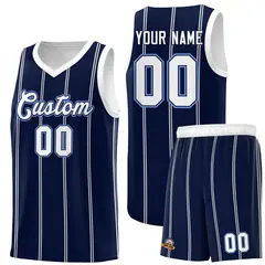 Navy White Light Blue Vertical Stripes Basketball Jersey Set