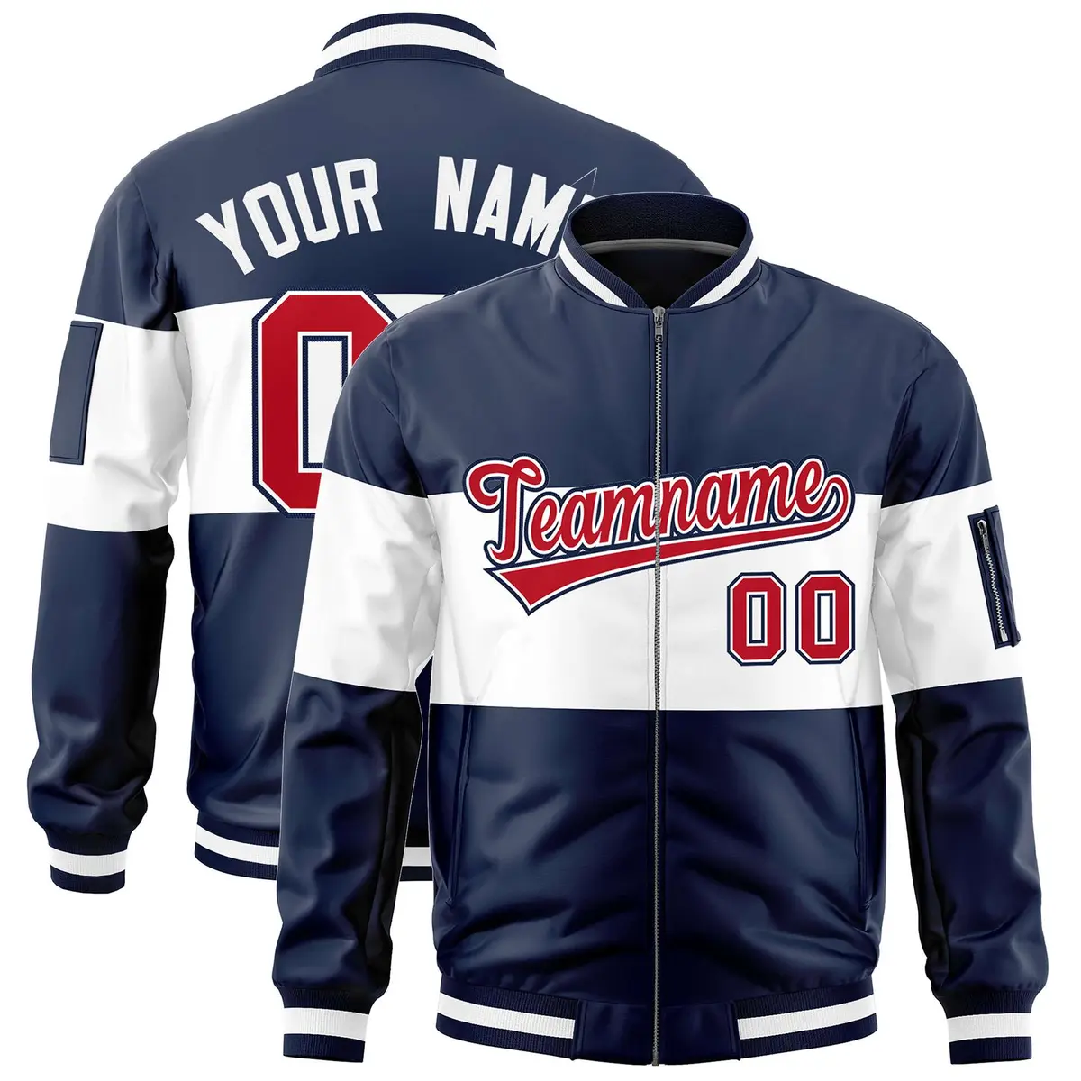 Navy White-Navy Color Block Varsity Letterman Bomber Jacket