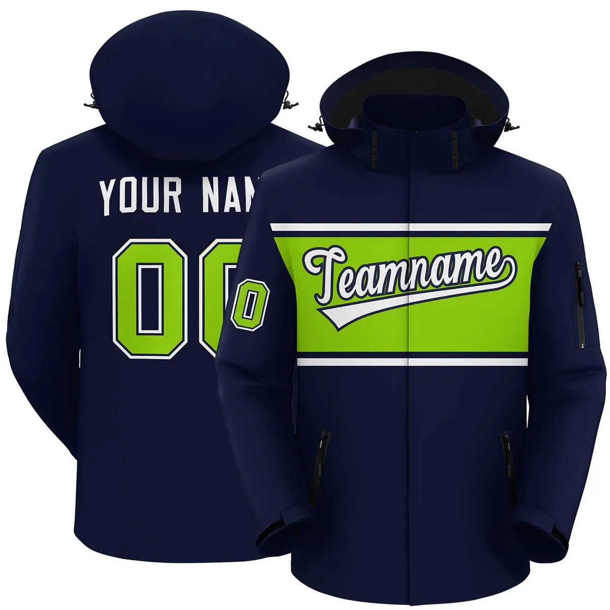 Navy White-Neon Green Color Block Hooded Waterproof Jacket