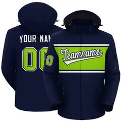 Navy White-Neon Green Color Block Hooded Waterproof Jacket