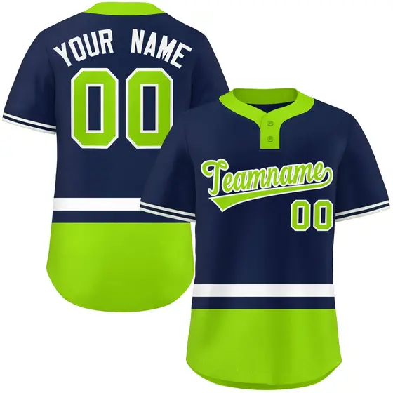 Navy White-Neon Green Color Block Two-Button Softball Jersey