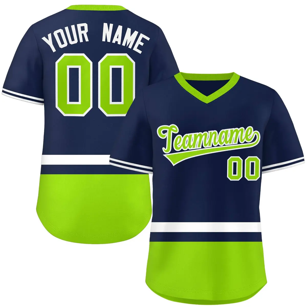 Navy White-Neon Green Color Block V-Neck Baseball Jersey