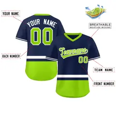 Navy White-Neon Green Color Block V-Neck Baseball Jersey 2