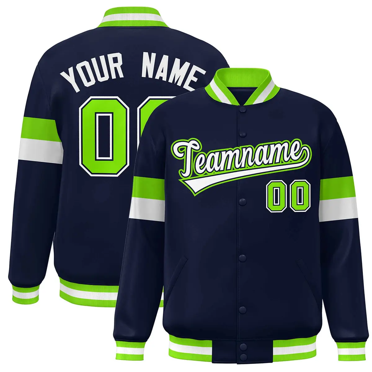Navy White-Neon Green Color Block Varsity Baseball Jacket