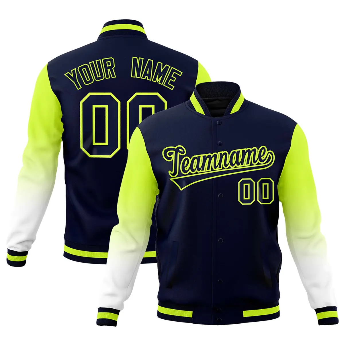 Navy White Neon Green Gradient Raglan Full-Snap Letterman Jacket