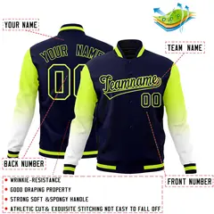 Navy White Neon Green Gradient Raglan Full-Snap Letterman Jacket 2