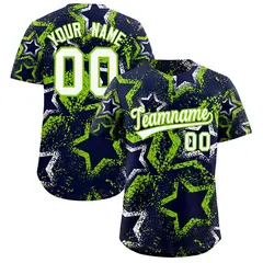 Navy White Neon Green Graffiti Star Ink Baseball Jersey 1
