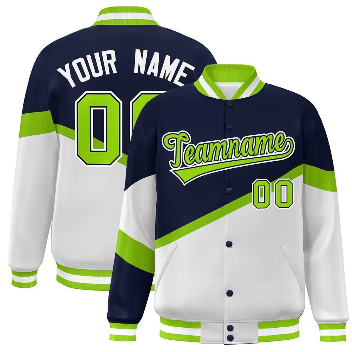Navy White Neon Green-Navy Color Block Varsity Baseball Jacket