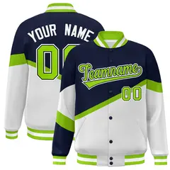 Navy White Neon Green-Navy Color Block Varsity Baseball Jacket