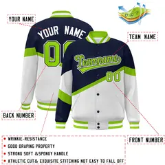 Navy White Neon Green-Navy Color Block Varsity Baseball Jacket 2
