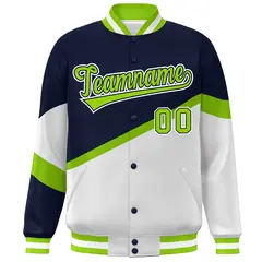 Navy White Neon Green-Navy Color Block Varsity Baseball Jacket 3