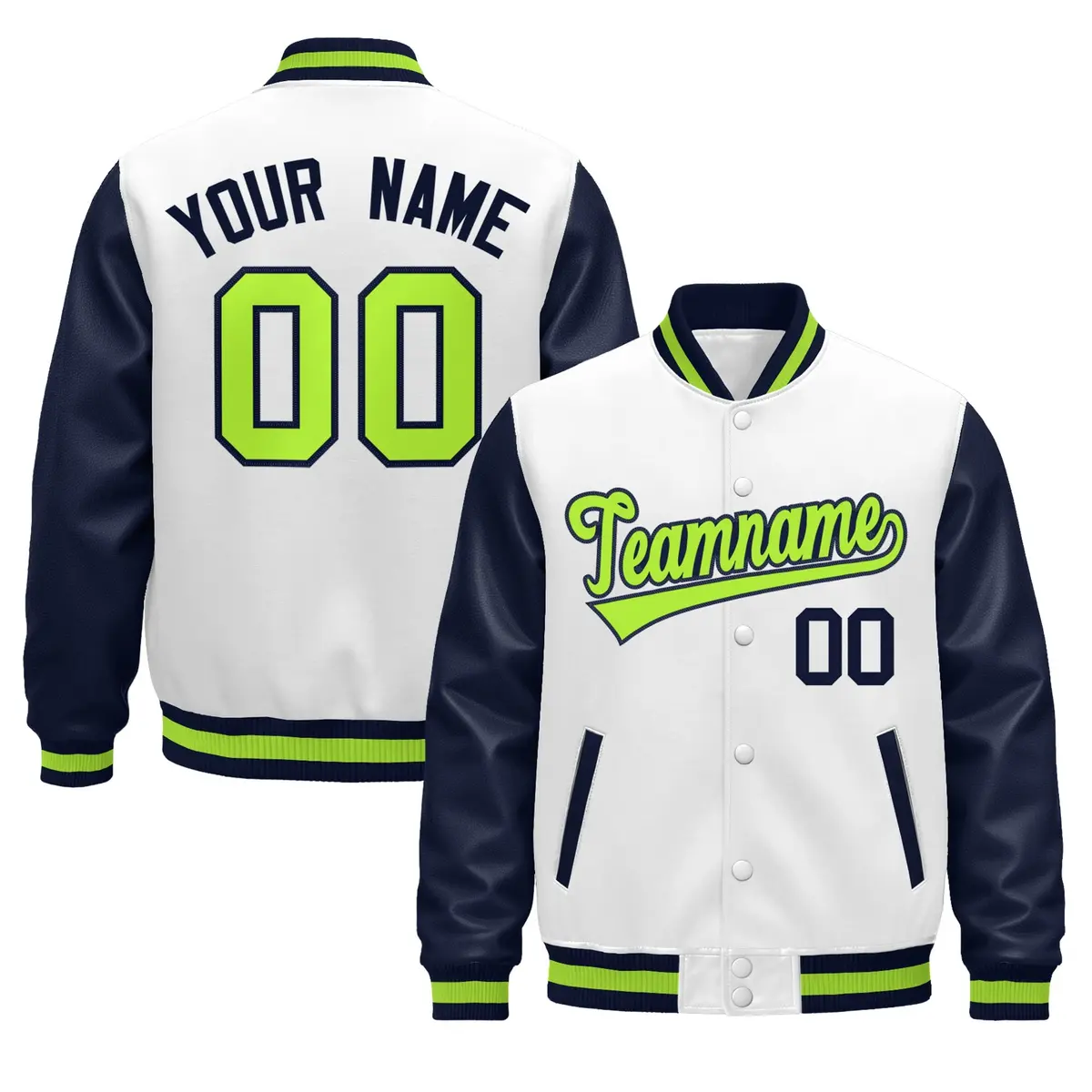 Navy White Neon Green Varsity Full-Snap Letterman Jacket