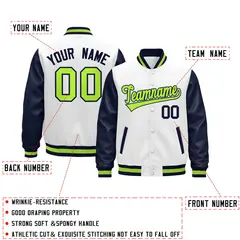 Navy White Neon Green Varsity Full-Snap Letterman Jacket 2