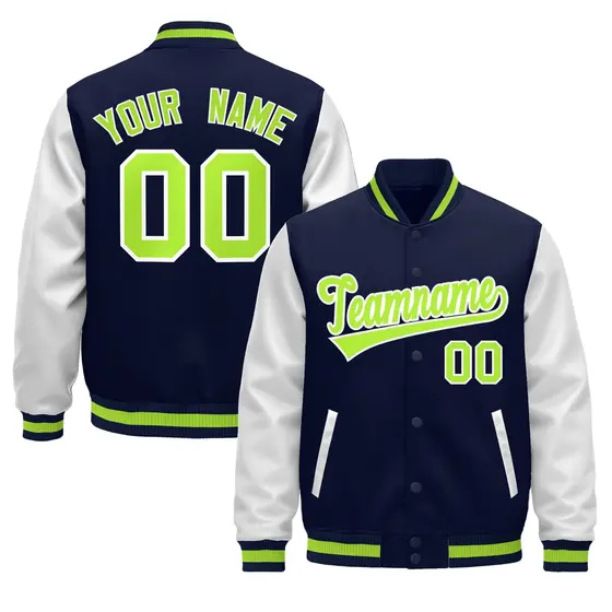 Navy White Neon Green Varsity Full-Snap Letterman Jacket