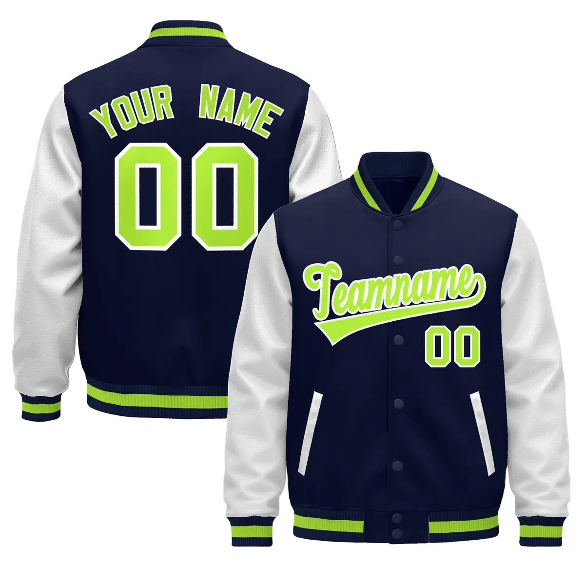 Navy White Neon Green Varsity Full-Snap Letterman Jacket