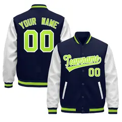 Navy White Neon Green Varsity Full-Snap Letterman Jacket 1
