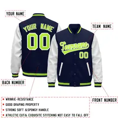 Navy White Neon Green Varsity Full-Snap Letterman Jacket 2