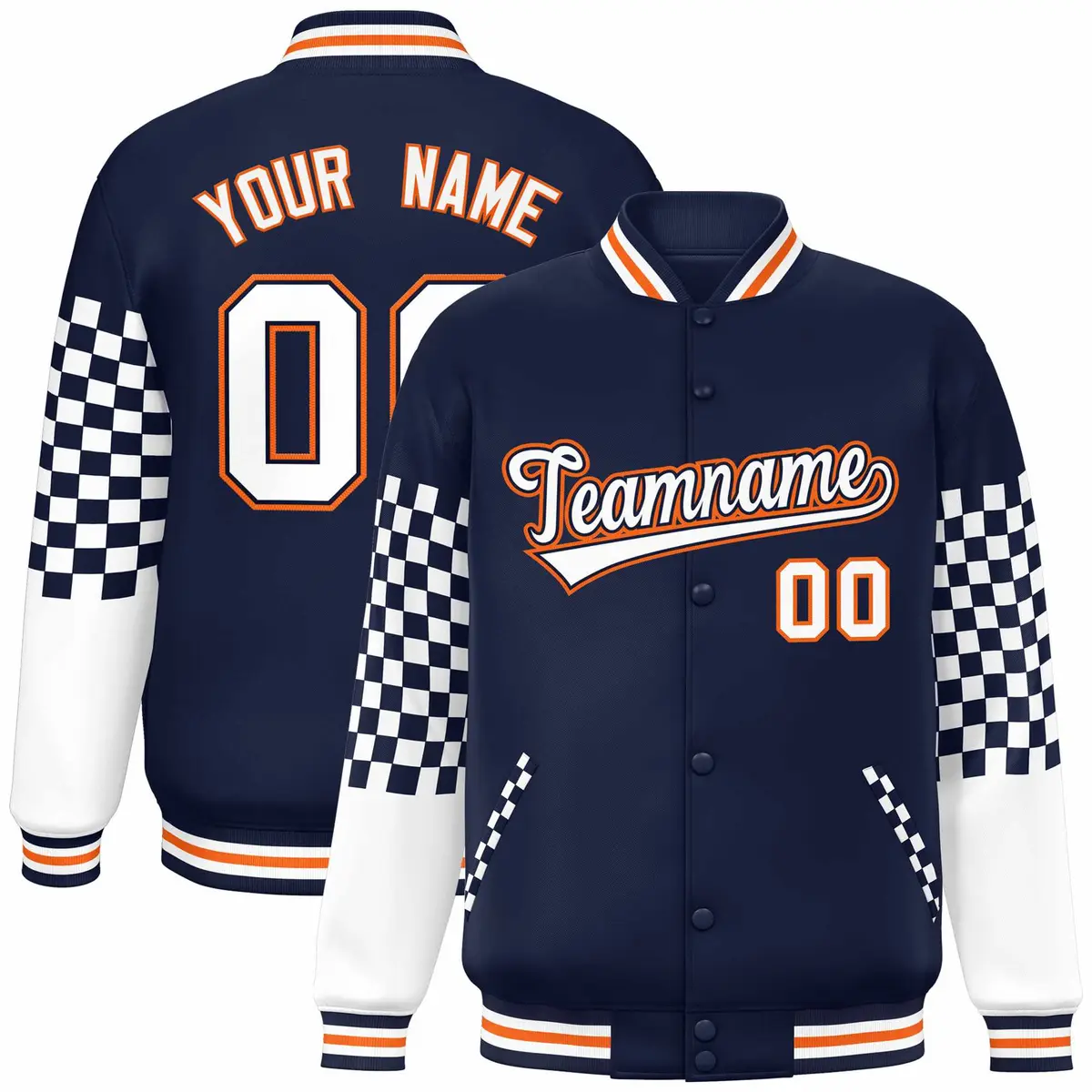 Navy White-Orange Checkered Color Block Bomber Varsity Jacket