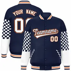 Navy White-Orange Checkered Color Block Bomber Varsity Jacket 1