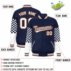 Navy White-Orange Checkered Color Block Bomber Varsity Jacket 2