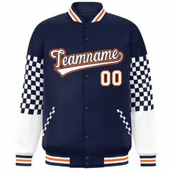 Navy White-Orange Checkered Color Block Bomber Varsity Jacket 3