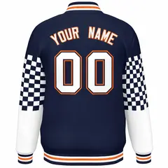 Navy White-Orange Checkered Color Block Bomber Varsity Jacket 4