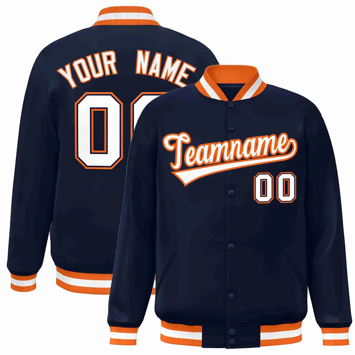 Navy White-Orange Classic Varsity Full-Snap Letterman Jacket