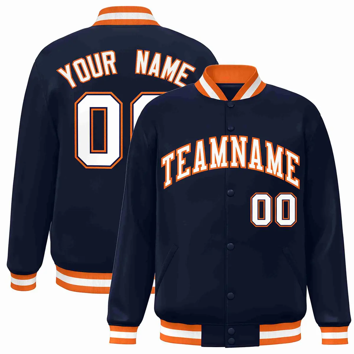Navy White-Orange Classic Varsity Full-Snap Letterman Jacket