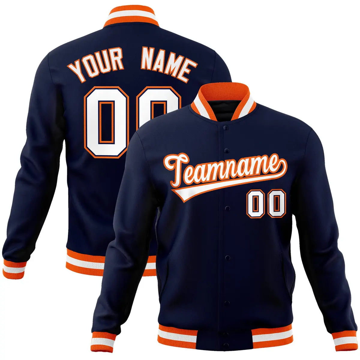 Navy White-Orange Classic Varsity Full-Snap Letterman Jacket