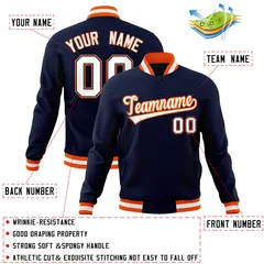 Navy White-Orange Classic Varsity Full-Snap Letterman Jacket 4