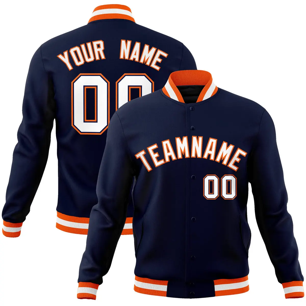 Navy White-Orange Classic Varsity Full-Snap Letterman Jacket