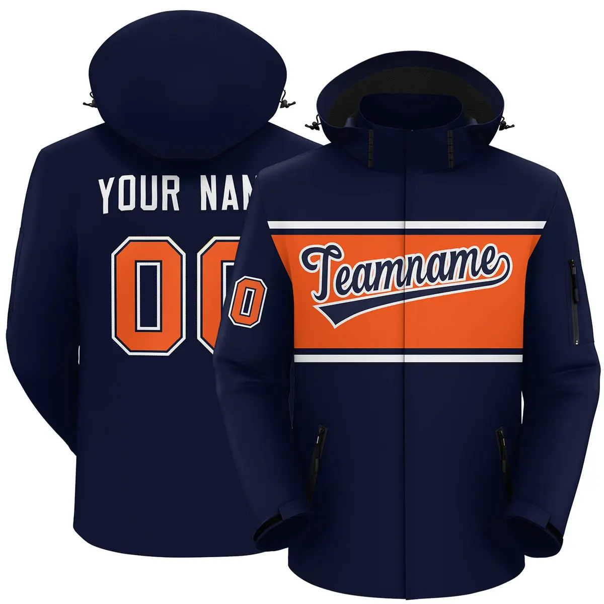 Navy White-Orange Color Block Hooded Waterproof Jacket