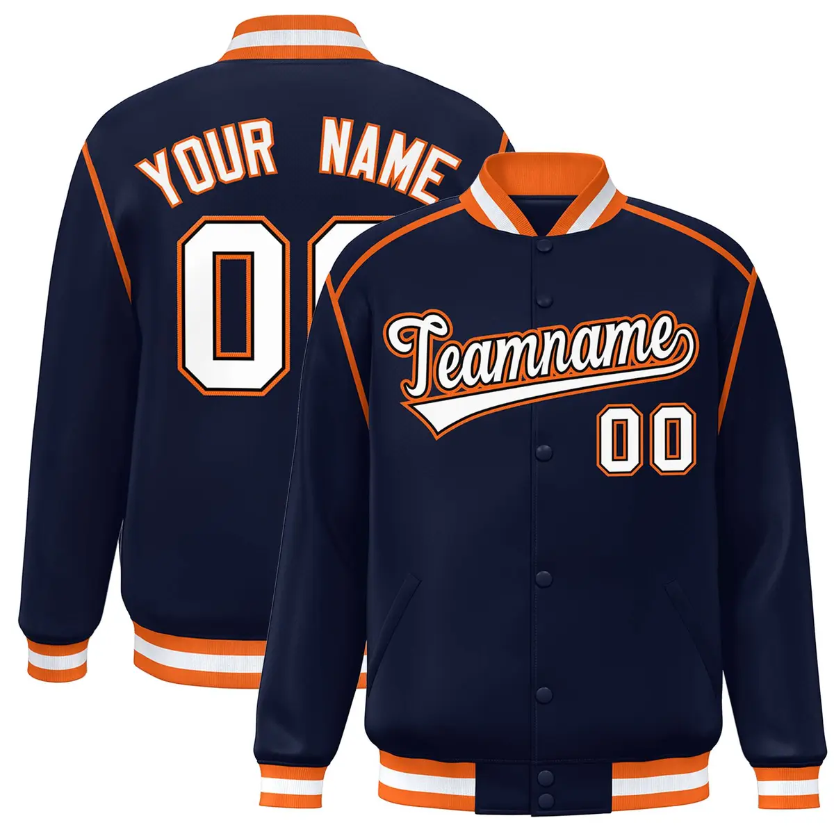 Navy White-Orange Color Block Ribbon Varsity Full-Snap Bomber Jacket
