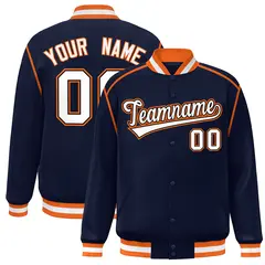 Navy White-Orange Color Block Ribbon Varsity Full-Snap Bomber Jacket