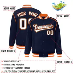 Navy White-Orange Color Block Ribbon Varsity Full-Snap Bomber Jacket 2