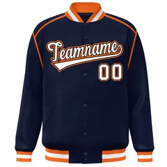 Navy White-Orange Color Block Ribbon Varsity Full-Snap Bomber Jacket 3