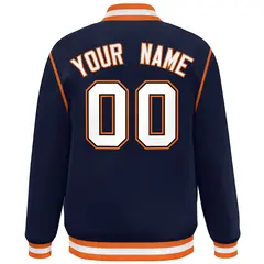 Navy White-Orange Color Block Ribbon Varsity Full-Snap Bomber Jacket 4
