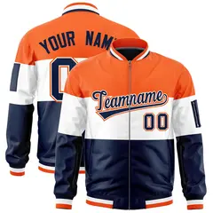 Navy White-Orange Color Block Varsity Full-Zip Letterman Bomber Jacket