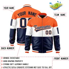 Navy White-Orange Color Block Varsity Full-Zip Letterman Bomber Jacket 2