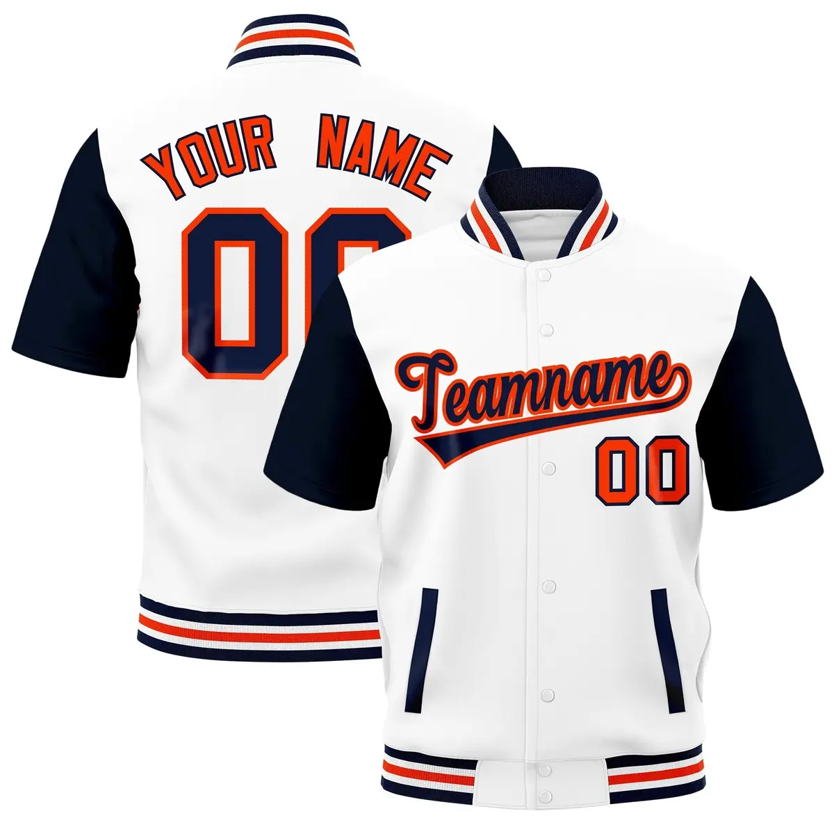 Navy White Orange Full-Snap Short Sleeve Varsity Jacket