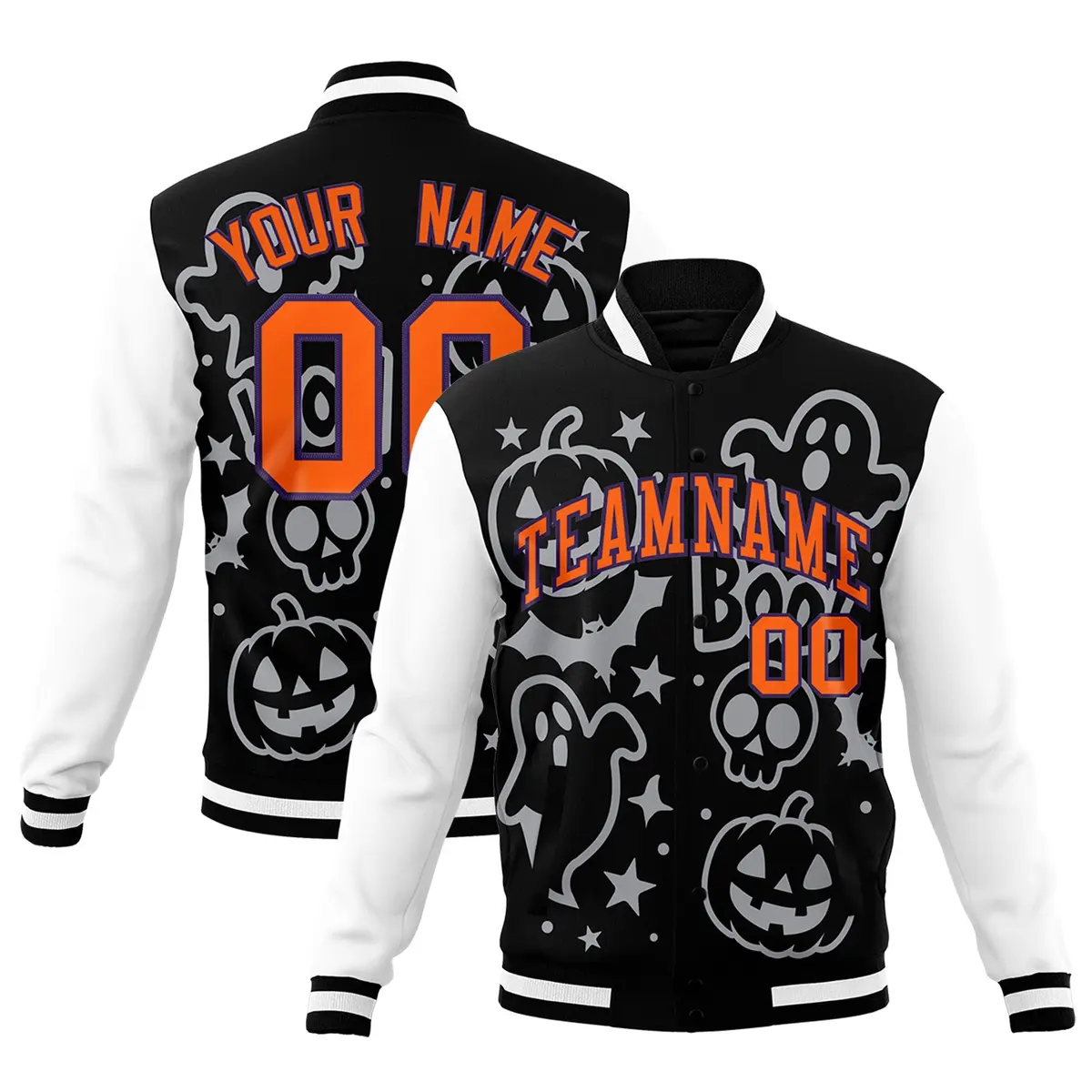 Navy White Orange Halloween Bats Pumpkins Ghost Letterman Jacket